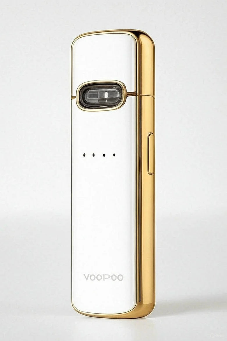 VOOPOO VMATE E pod kit in White Inlaid Gold, showing the USB Type-C port