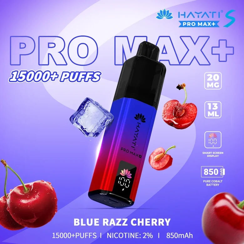 Hayati Pro Max S+ Blue Razz Cherry 15000 puffs 20mg nic salt disposable